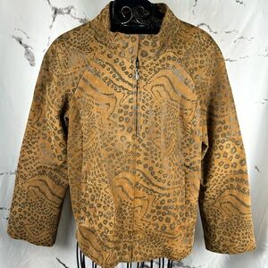 Tria Suede Animal Print Jacket Zip-Up Lined High Mandarin Collar Pockets Leopard